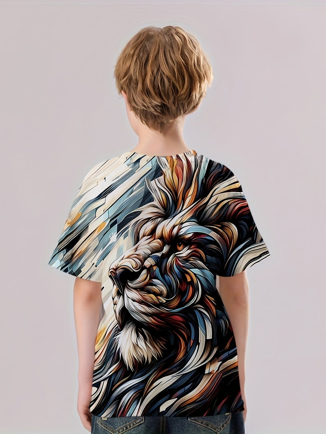 Lion Painting Print Boy's Stylish Tee Short Sleeve Crew Neck T-shirt