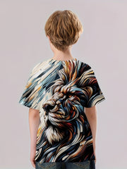 Lion Painting Print Boy's Stylish Tee Short Sleeve Crew Neck T-shirt