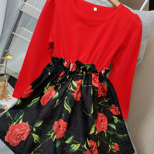 Girls Rose Print Stitching Dress for Party
