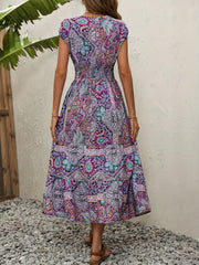 Paisley Print Boho Maxi Dress V Neck Short Sleeve