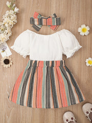 2pcs Baby Girls Striped Bowknot Short Sleeve Dress & Headband Set