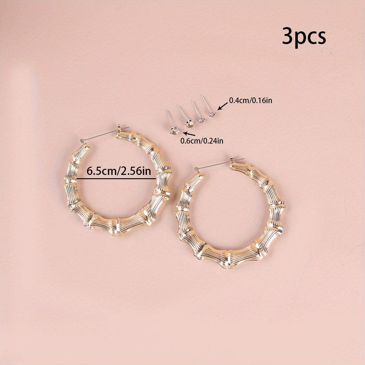 3 Pairs Punk Big Hoop & Rhinestone Stud Earrings Set
