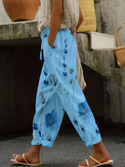 Floral Print Elastic Waist Pants with Pockets for Spring & Summer