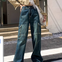 Embossed Cargo Jeans Elastic Waist Pop Style Denim Pants