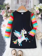 Girls' Unicorn Print Long Sleeve T Shirt Dress for Party Lounge