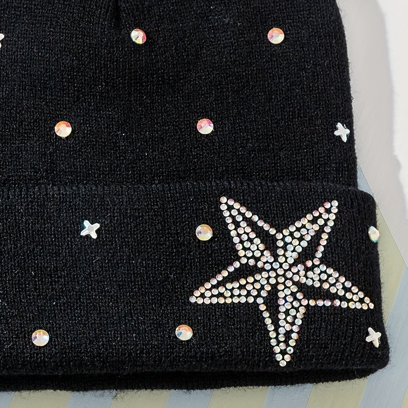 Rhinestone Star Beanie Casual Knit Hat Warm Skull Cap