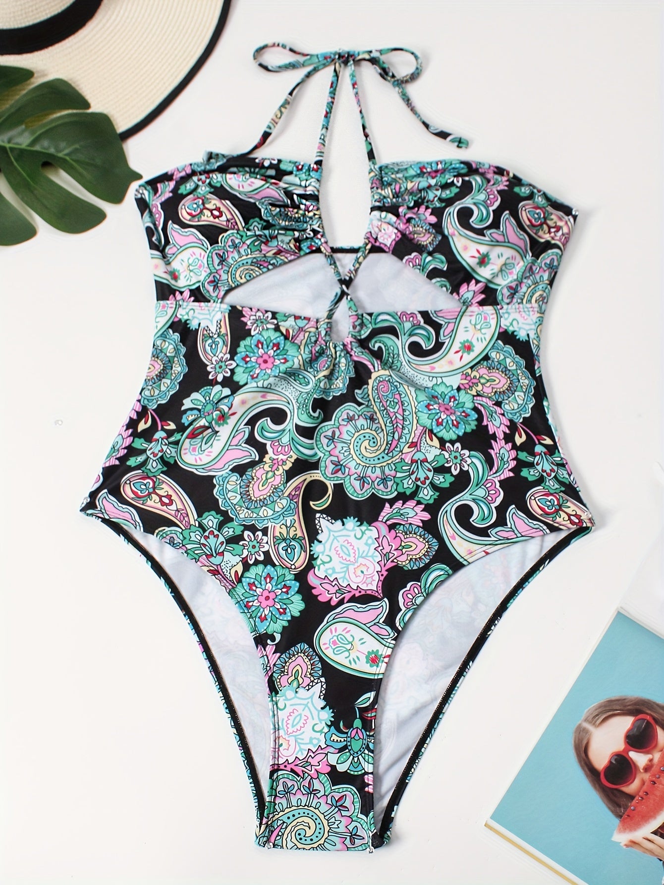 Boho Swimsuit Paisley Print Halter One Piece Bathing Suit