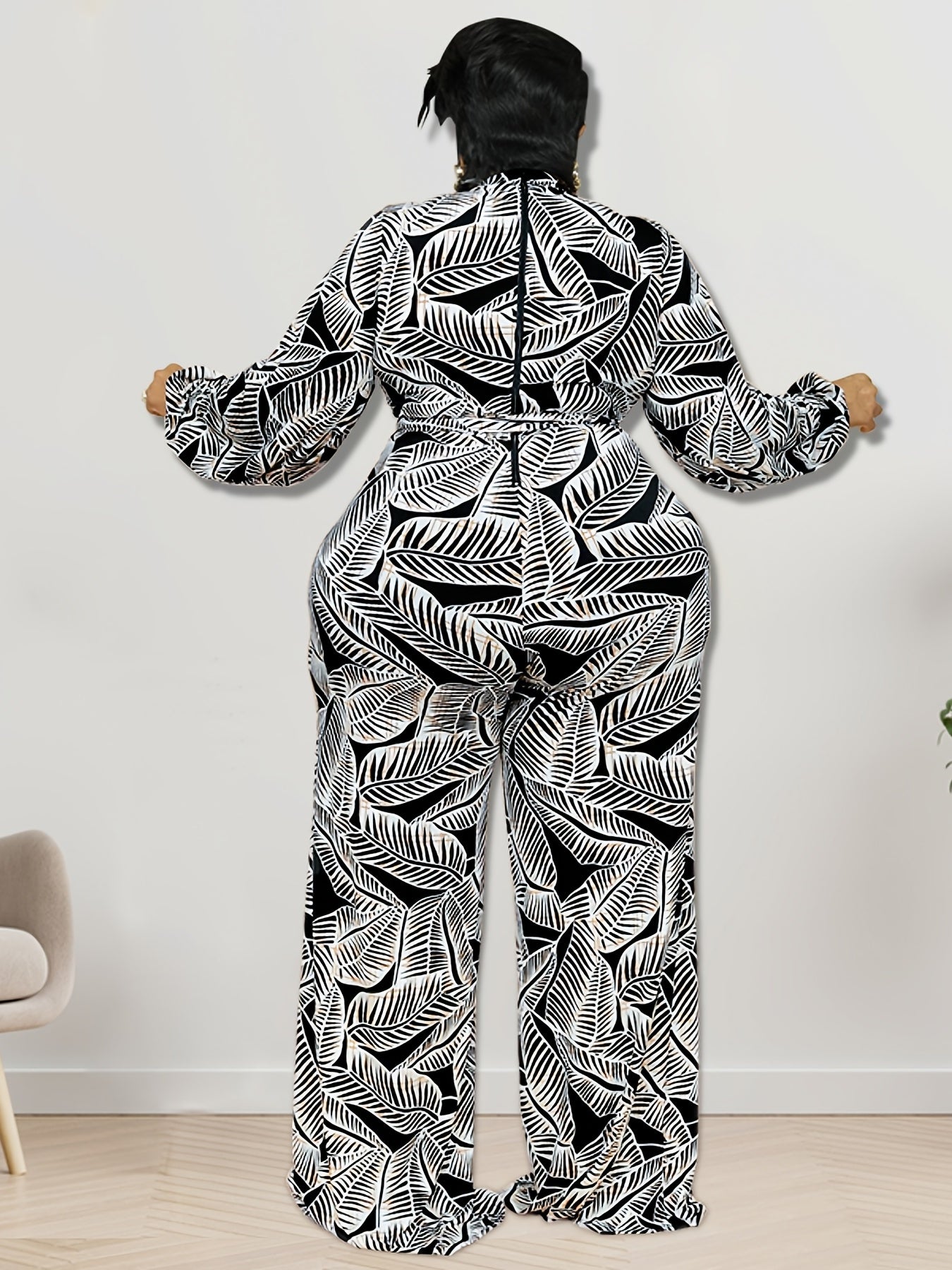 Tropical Print Lantern Sleeve Jumpsuit Plus Size