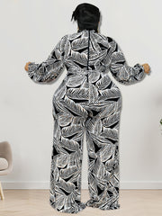 Tropical Print Lantern Sleeve Jumpsuit Plus Size
