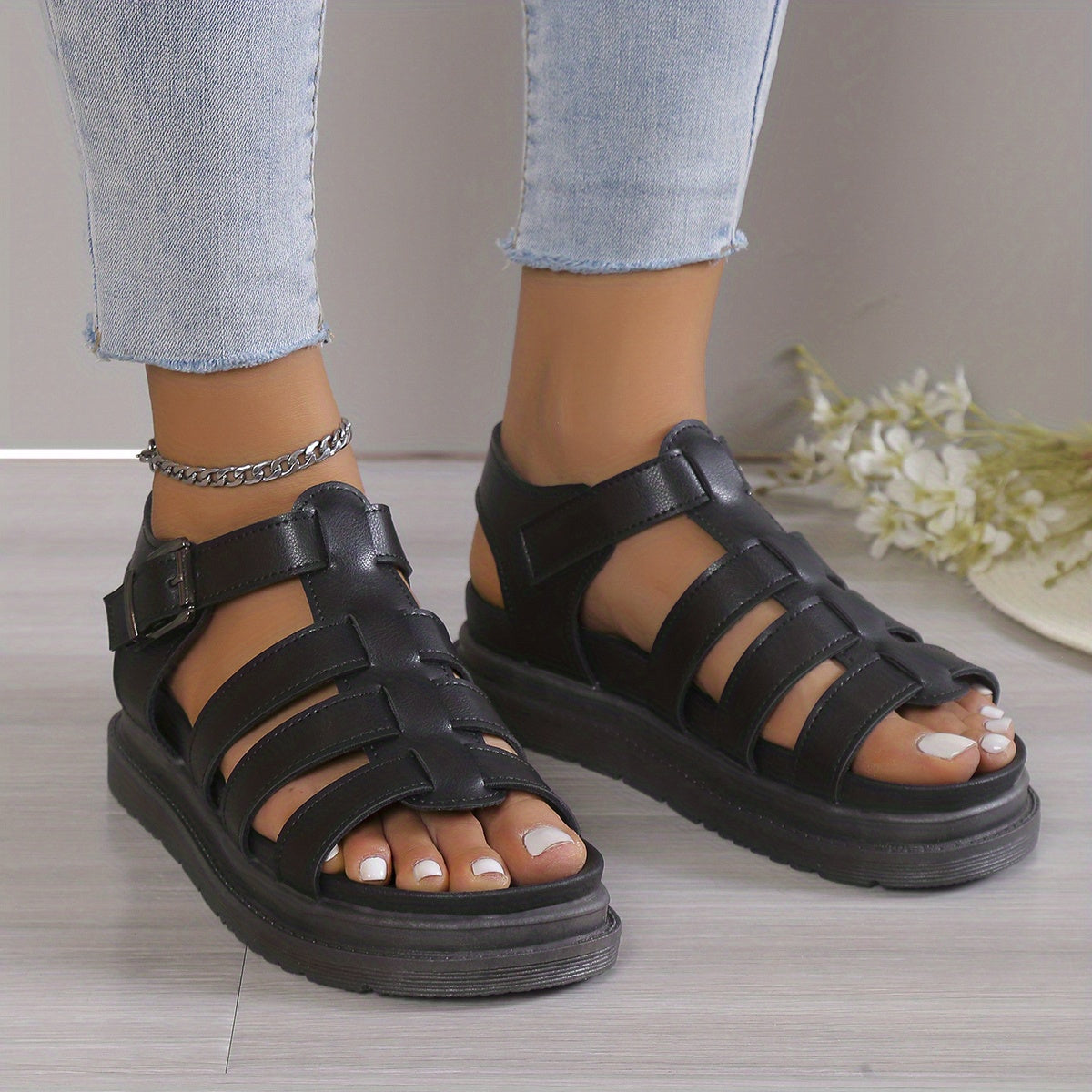 Women's Platform Roman Sandals Open Toe Ankle Buckle Strap Soft Sole Shoes
