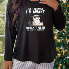 Lounge Top Women's Casual Slogan Print Long Sleeve Round Neck