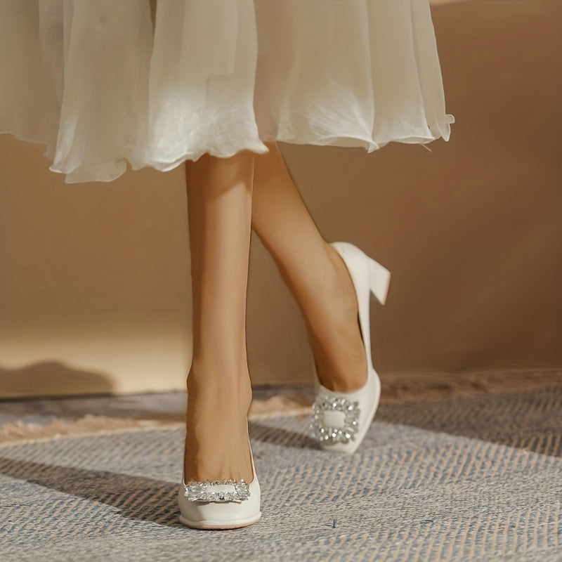 Rhinestone Chunky Heel Pumps Comfortable Slip-On Shoes for Women