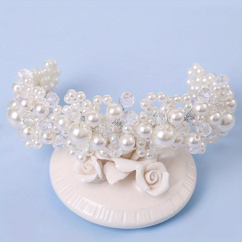 Faux Pearl Bridal Hair Piece Crystal Headband for Women