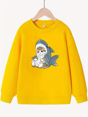 Kitten & Shark Pattern Round Neck Sweatshirt For Girls