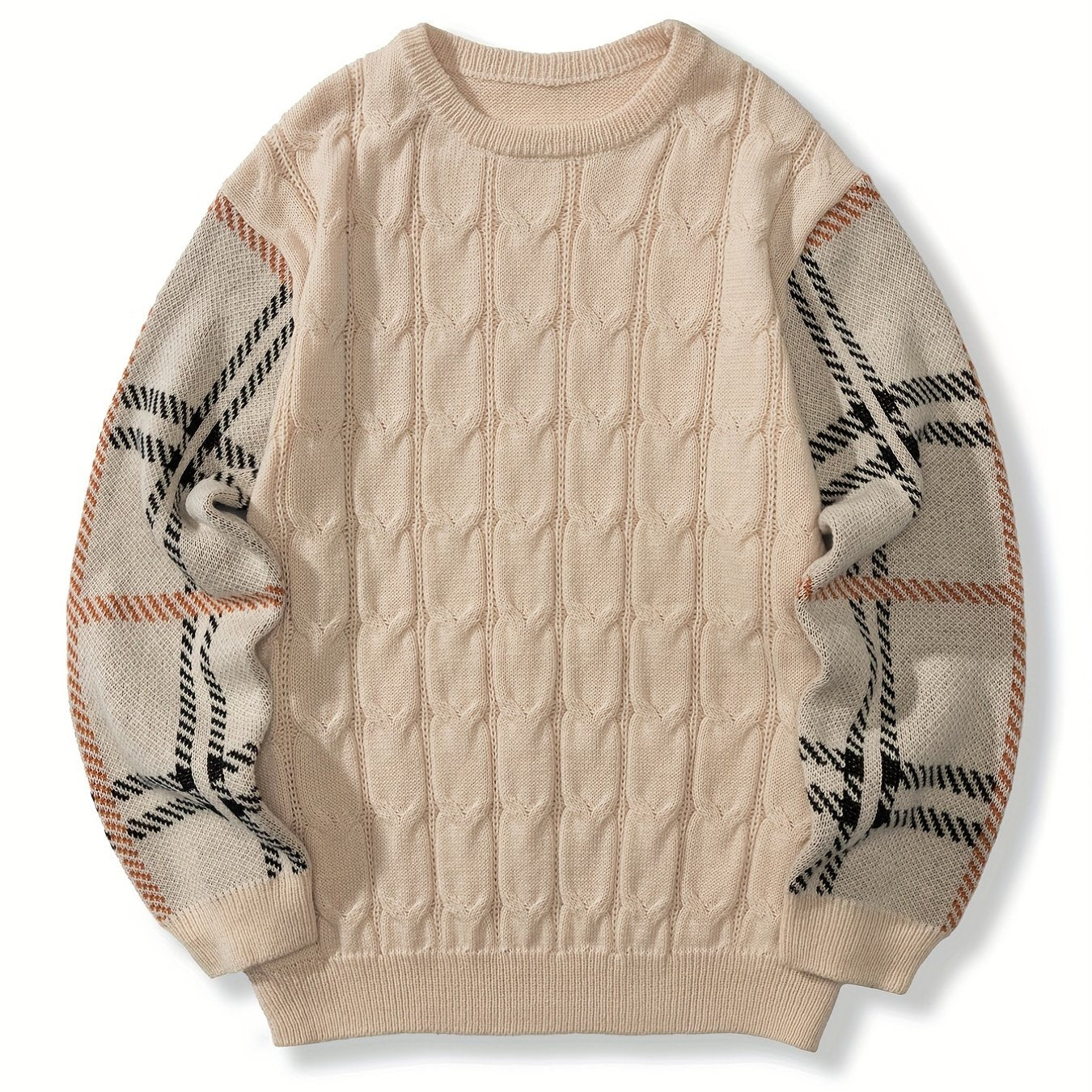 Vintage Check Sweater Men's Warm Crew Neck Pullover for Fall Winter