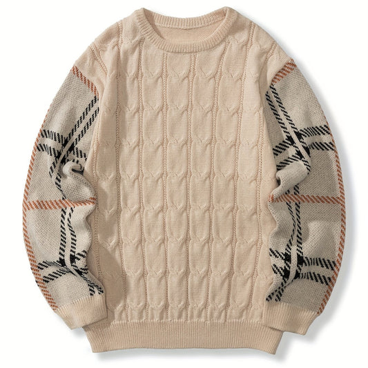 Vintage Check Sweater Men's Warm Crew Neck Pullover for Fall Winter