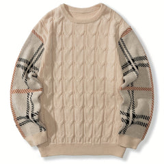 Vintage Check Sweater Men's Warm Crew Neck Pullover for Fall Winter