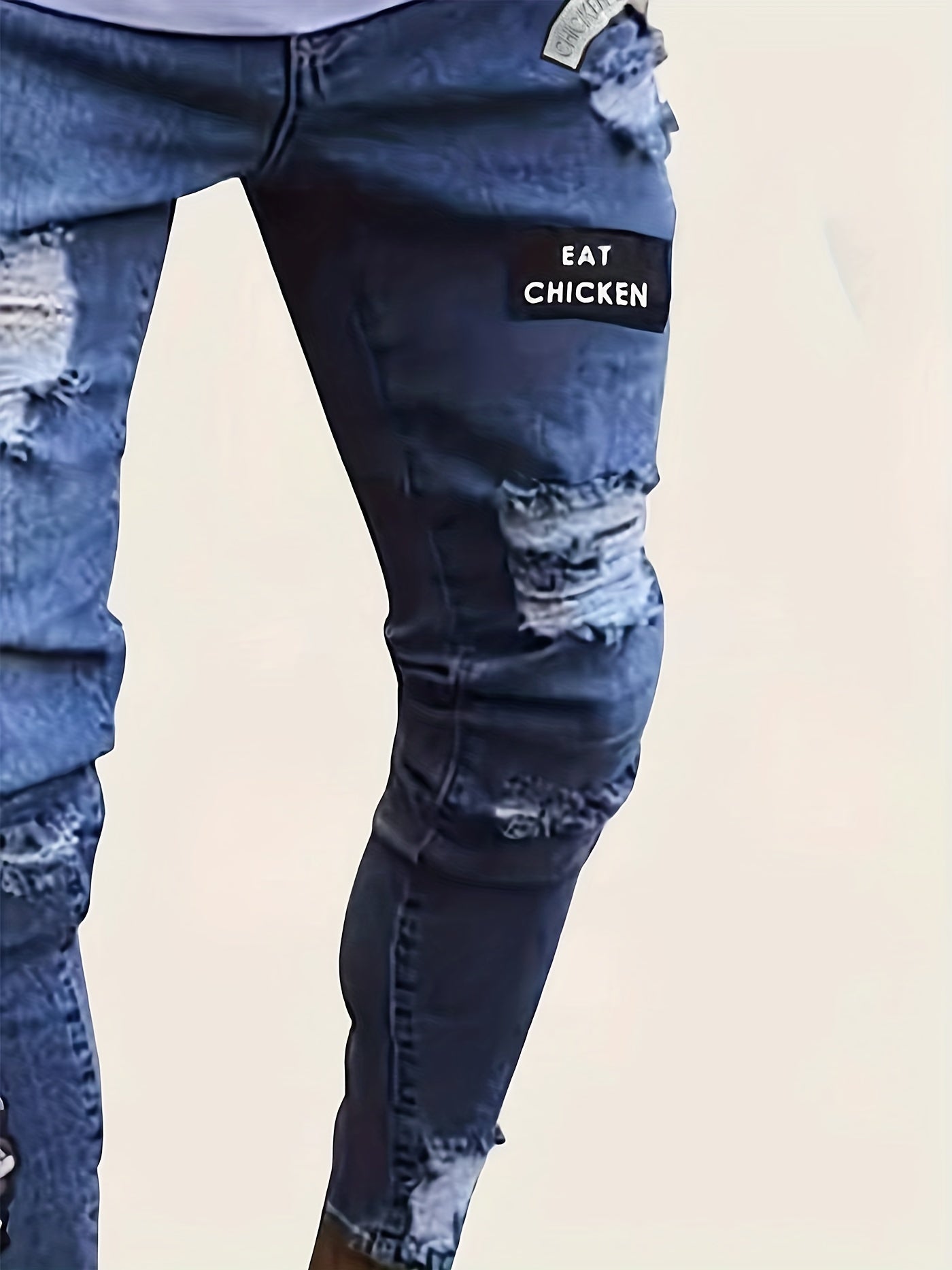 Slim Fit Ripped Patchwork Jeans Mens Casual Street Style Mid Stretch Denim Pants