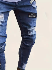 Slim Fit Ripped Patchwork Jeans Mens Casual Street Style Mid Stretch Denim Pants