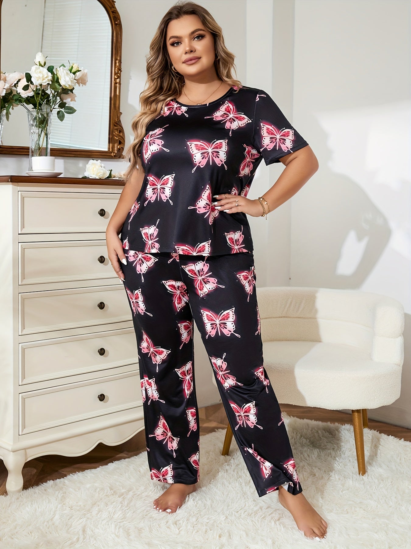 Glitter Butterfly Print Tee & Pants Lounge Set