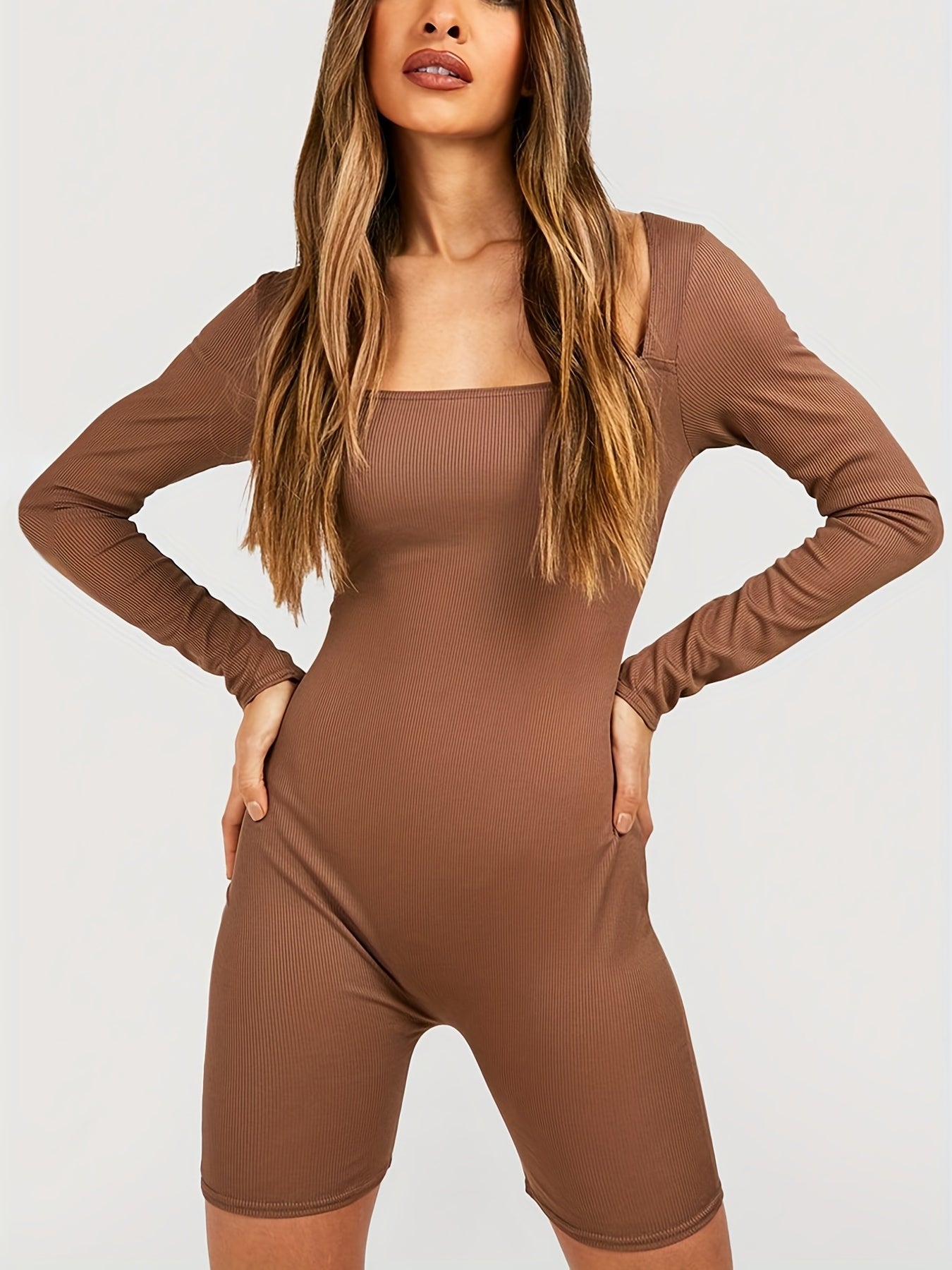 Ribbed Square Neck Long Sleeve Jumpsuit Solid Romper