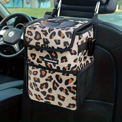 Leopard Print Car Seat Garbage Bin Foldable Trash Storage Pocket