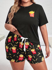 French Fries Print Tee & Bow Front Shorts Pajamas Set