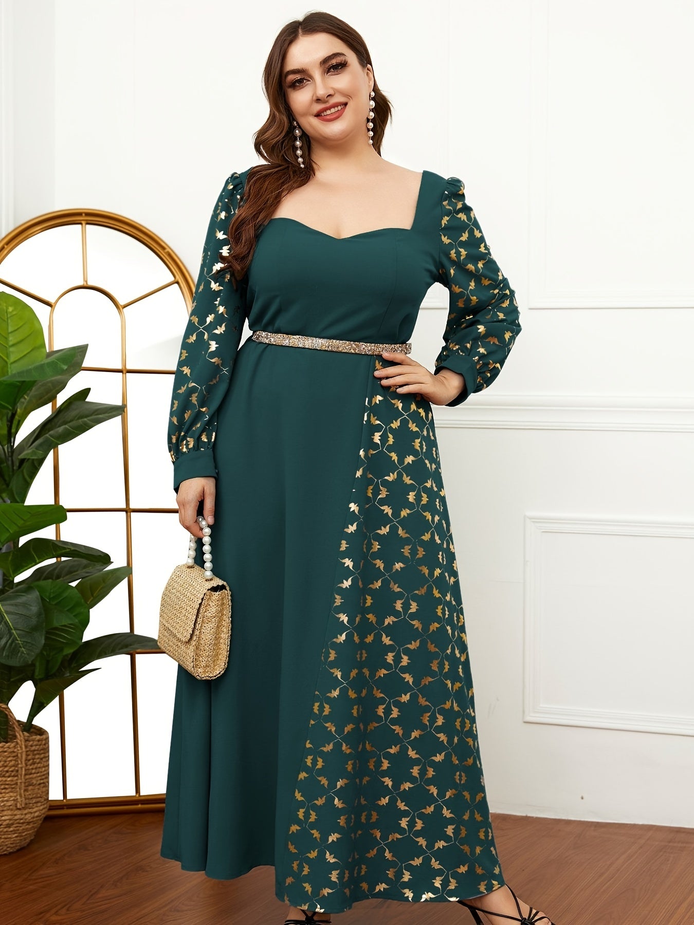 Abaya Dress Women Colorblock Floral Print Lantern Sleeve Maxi Dress