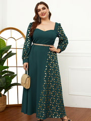 Abaya Dress Women Colorblock Floral Print Lantern Sleeve Maxi Dress