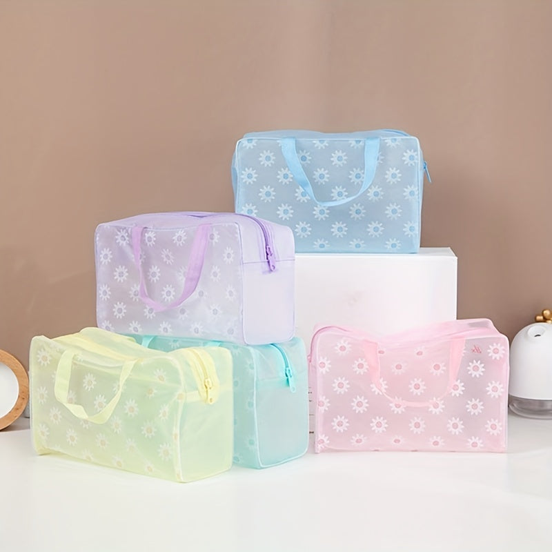 Floral Waterproof Makeup Bag with Handle - Bathroom Organizer