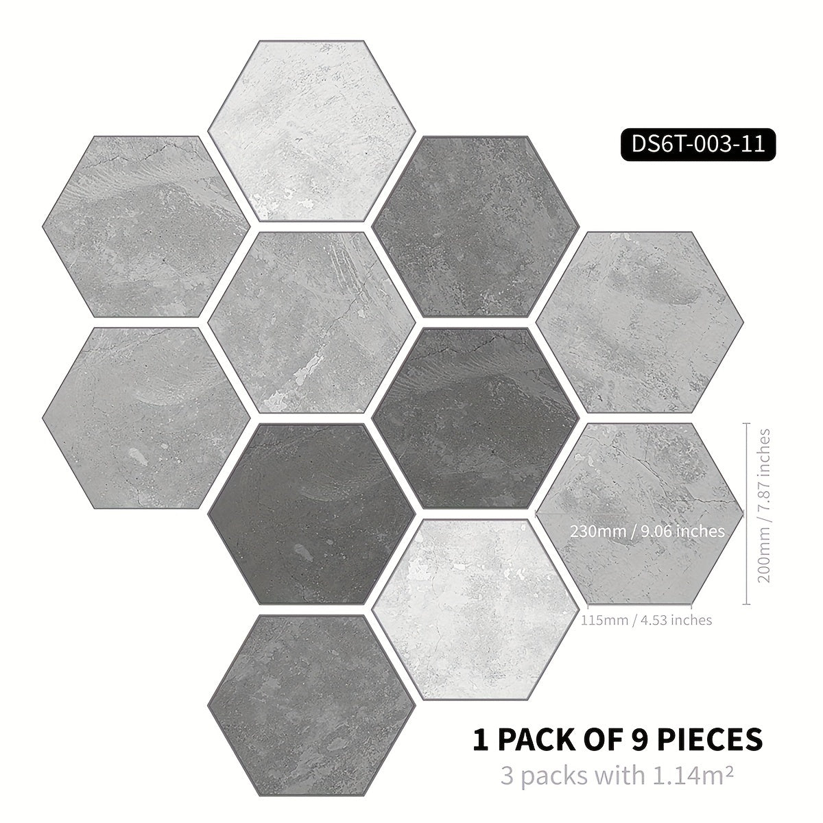 11pcs Cement Gray Hexagonal Floor Stickers Waterproof Non-slip Tile Stickers