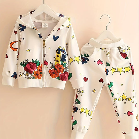 Irregular Rose Flower Print Pullover & Pants Set For Baby Girls
