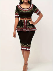 Geometric Print Round Neck Midi Dress