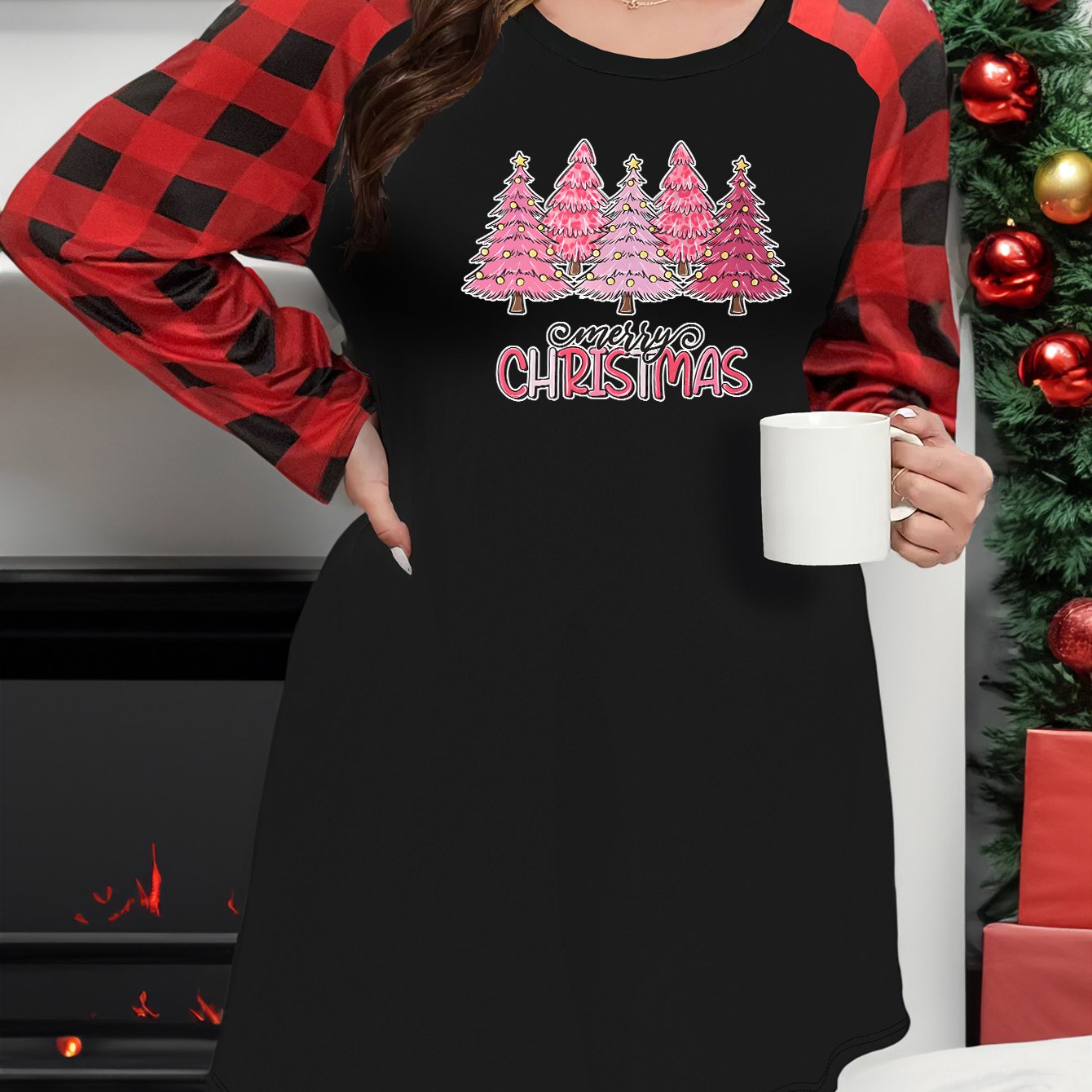 Christmas Lounge Dress Women's Graphic Plaid Raglan Sleeve Nightdress