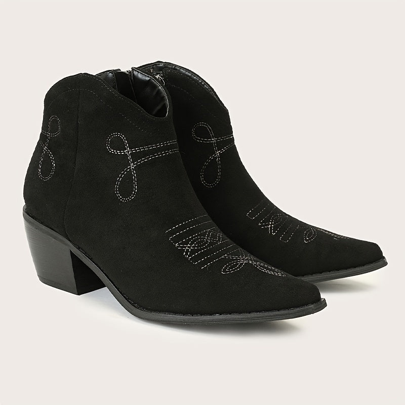 Women's Embroidered Heeled Ankle Boots Pointed Toe