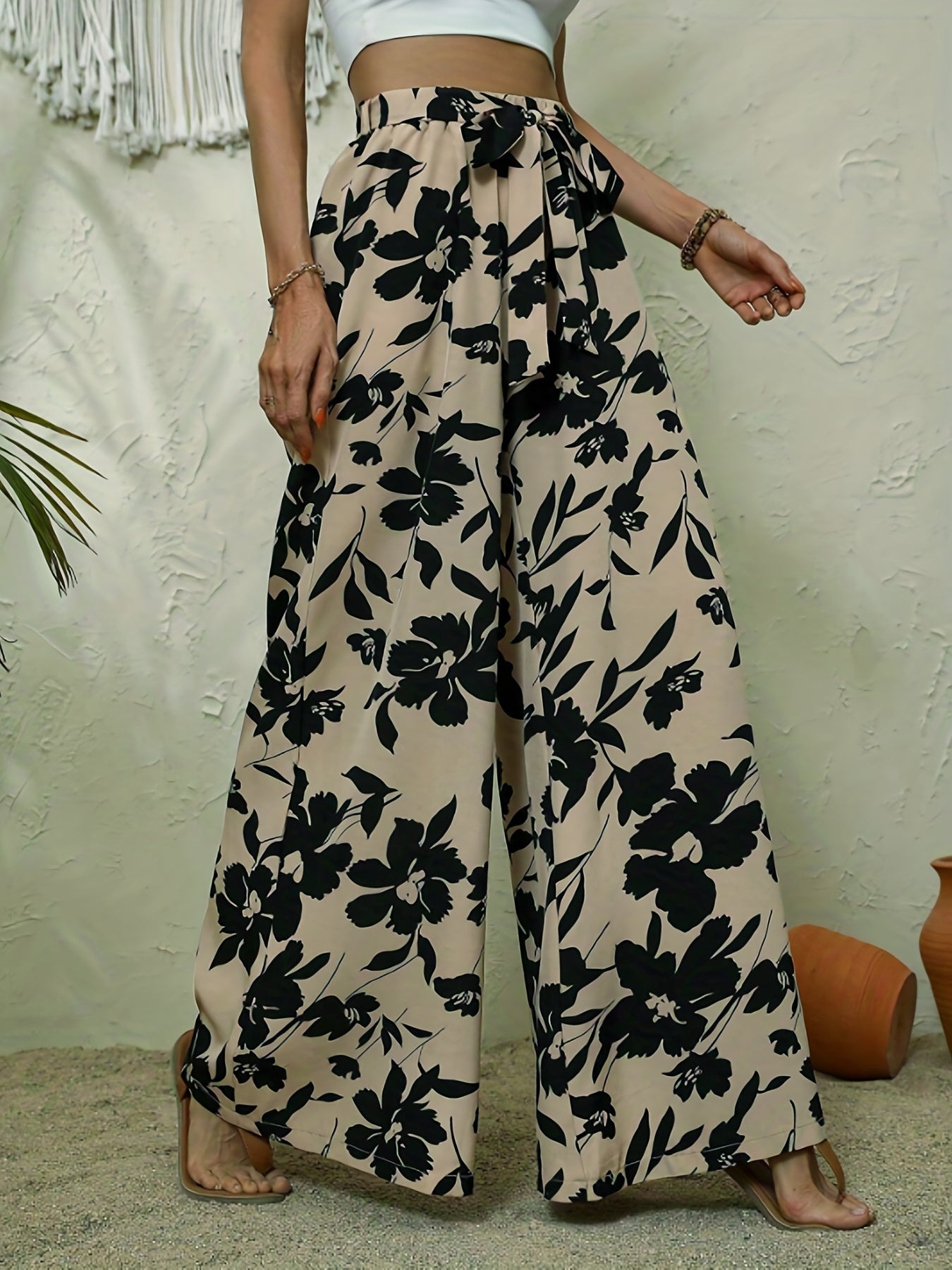 Boho Floral Print Wide Leg Pants with Knot Detail