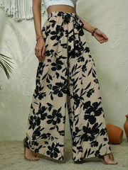 Boho Floral Print Wide Leg Pants with Knot Detail