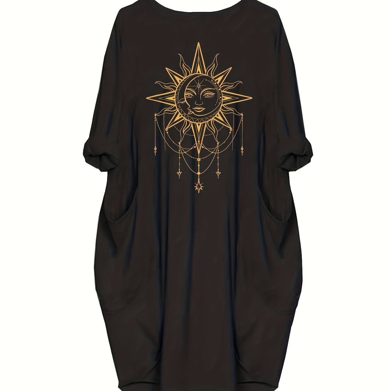 Sun Graphic Print Long Sleeve Round Neck Dress With Pockets
