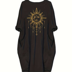 Sun Graphic Print Long Sleeve Round Neck Dress With Pockets