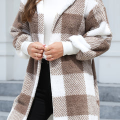 Fleece Plaid Hooded Cardigan Coat for Women
