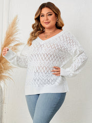 Solid Hollow Out Long Sleeve V Neck Sweater