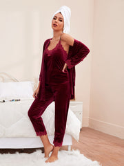 Velvet Pajama Set Lace Trim Cami Tops Robe Pants Women's Sleepwear