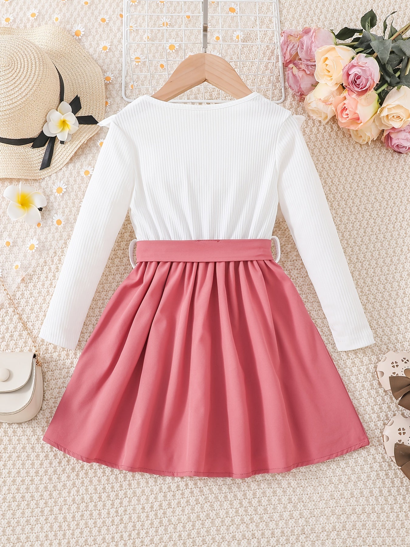 Girls Ruffled Splicing Dress With Belt Long Sleeves Round Neck Flowers Print Pri