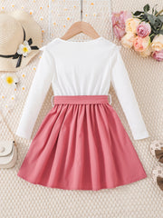Girls Ruffled Splicing Dress With Belt Long Sleeves Round Neck Flowers Print Pri