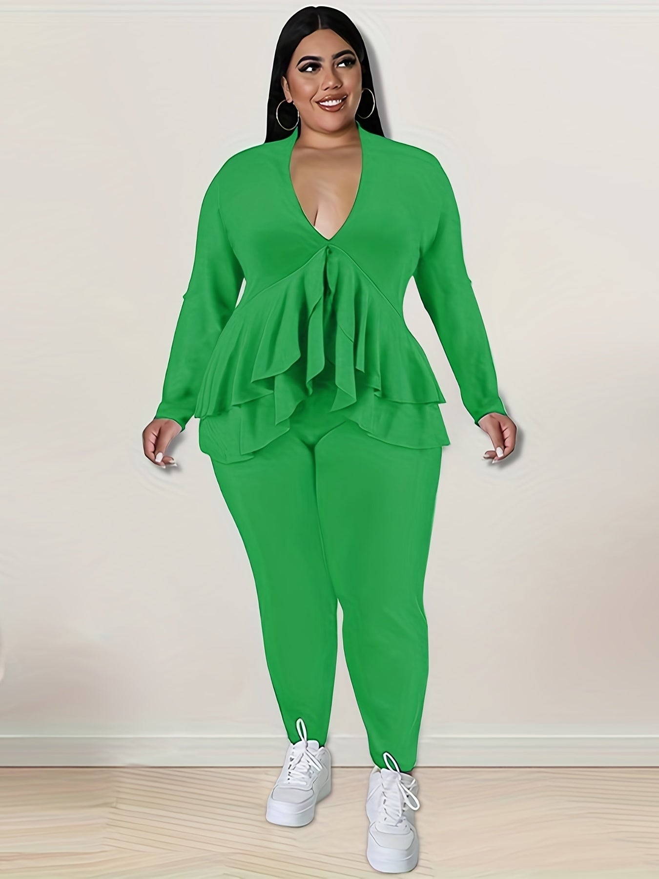 2 Piece Set Solid Long Sleeve V Neck Top & Pants Outfit