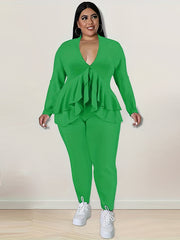 2 Piece Set Solid Long Sleeve V Neck Top & Pants Outfit