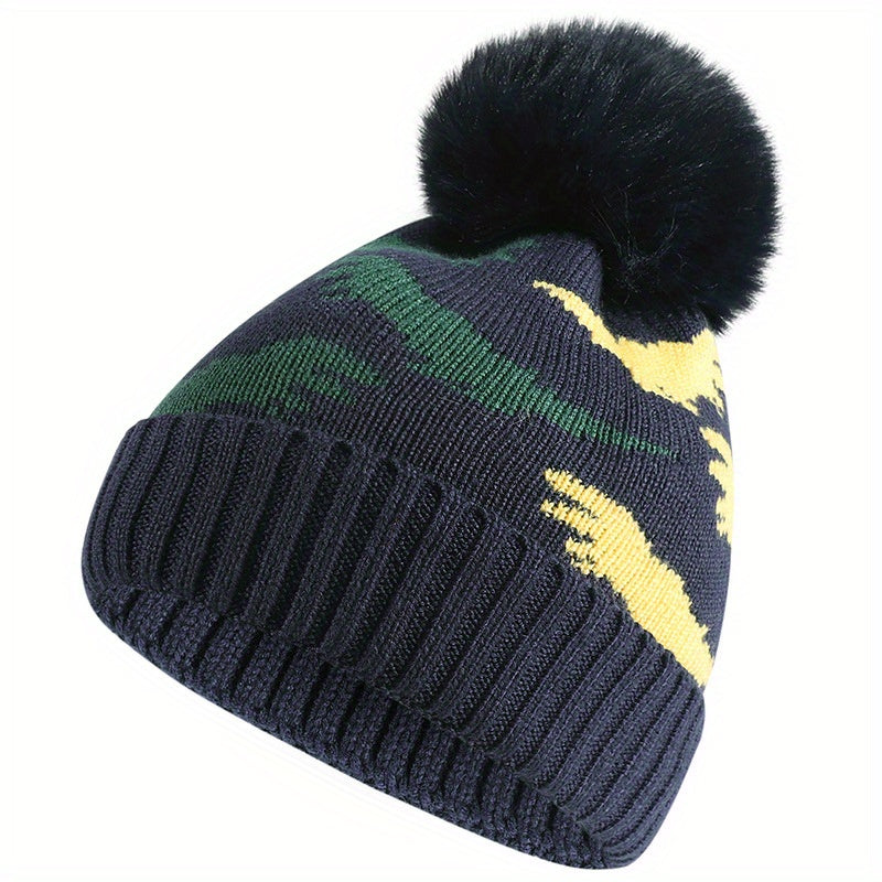 Kids Winter Knit Fleece-Lined Hat With Dinosaur Embroidery