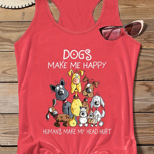 Cartoon Dog Print Round Neck Stretch Vest Top