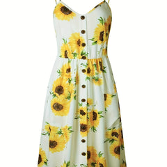 Sunflower Print Button Up Cami Shirt Dress Women's Plus Medium