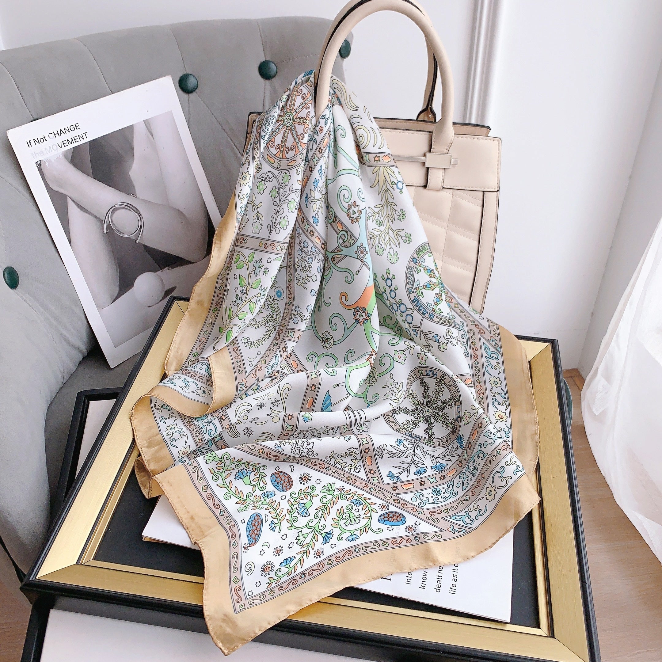 Classic Floral Print Bandana Vintage Boho Silky Square Scarf Necke...